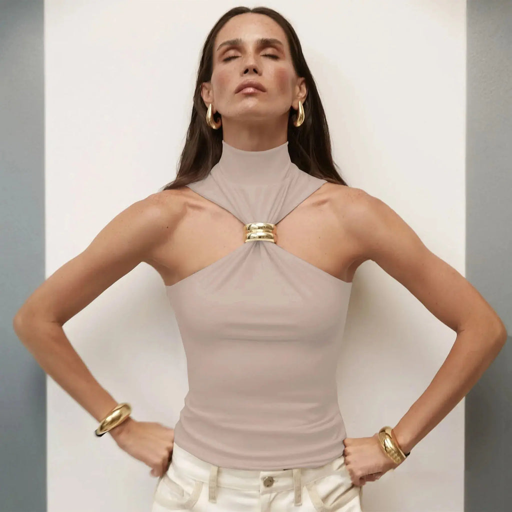 Sleeveless Knit Turtleneck Top with Metal Ring