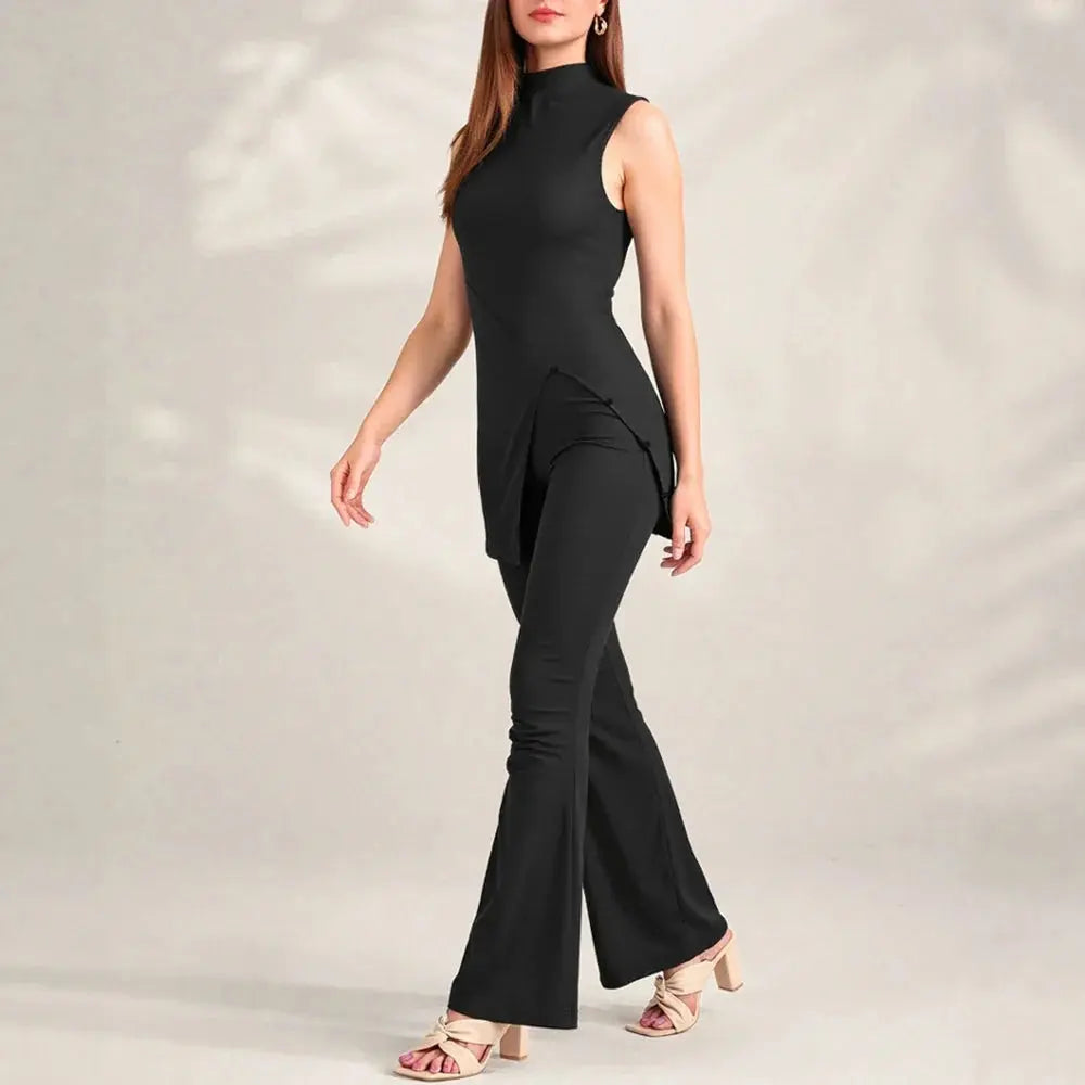 Chic Sleeveless Two-Piece Set: Stand Collar & Lettuce Hem