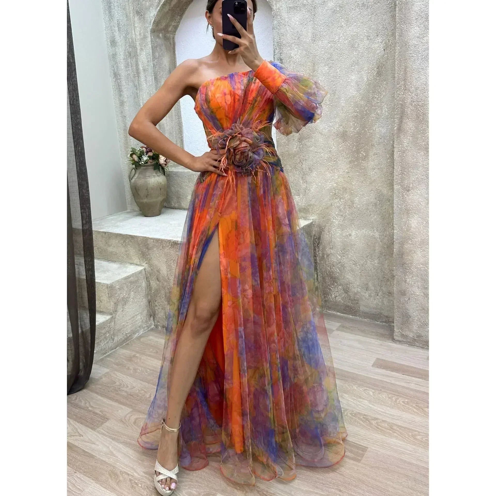 Elegant Oblique Shoulder Single-sleeve  Zipper High Slit Mesh Long Dress For Women Fashion Flower Decoration Party Dress Female