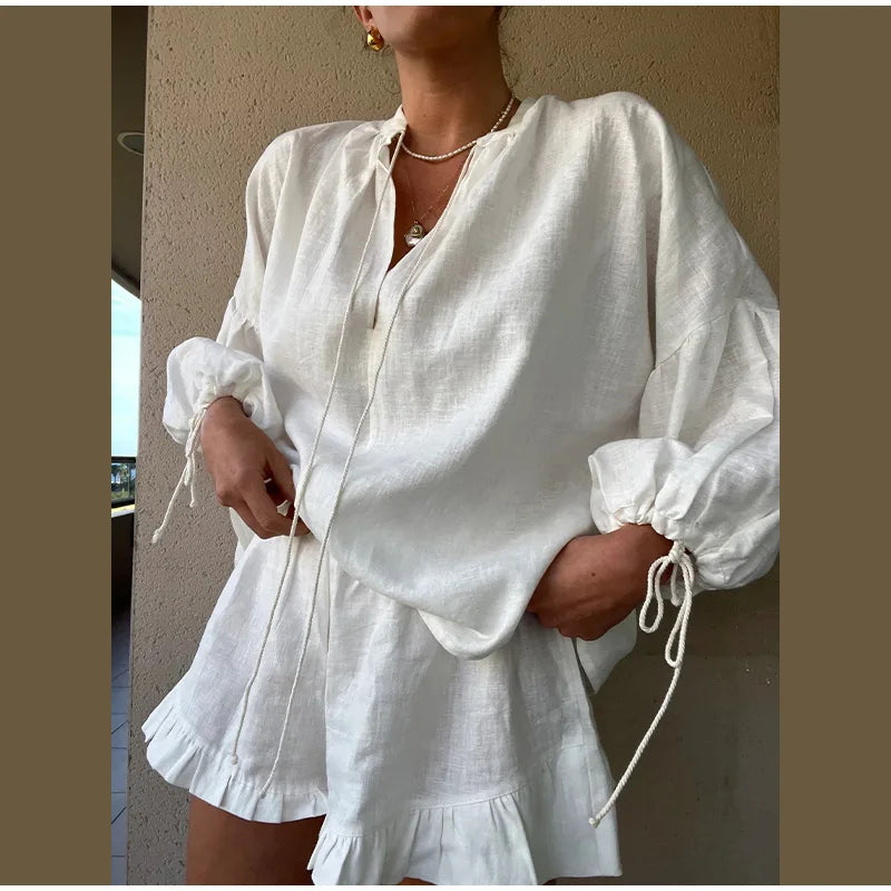 Women's Solid Cotton Linen Ruffle Shorts Suit V-neck Long Sleeve Drawstring Loose 2 Pieces Set