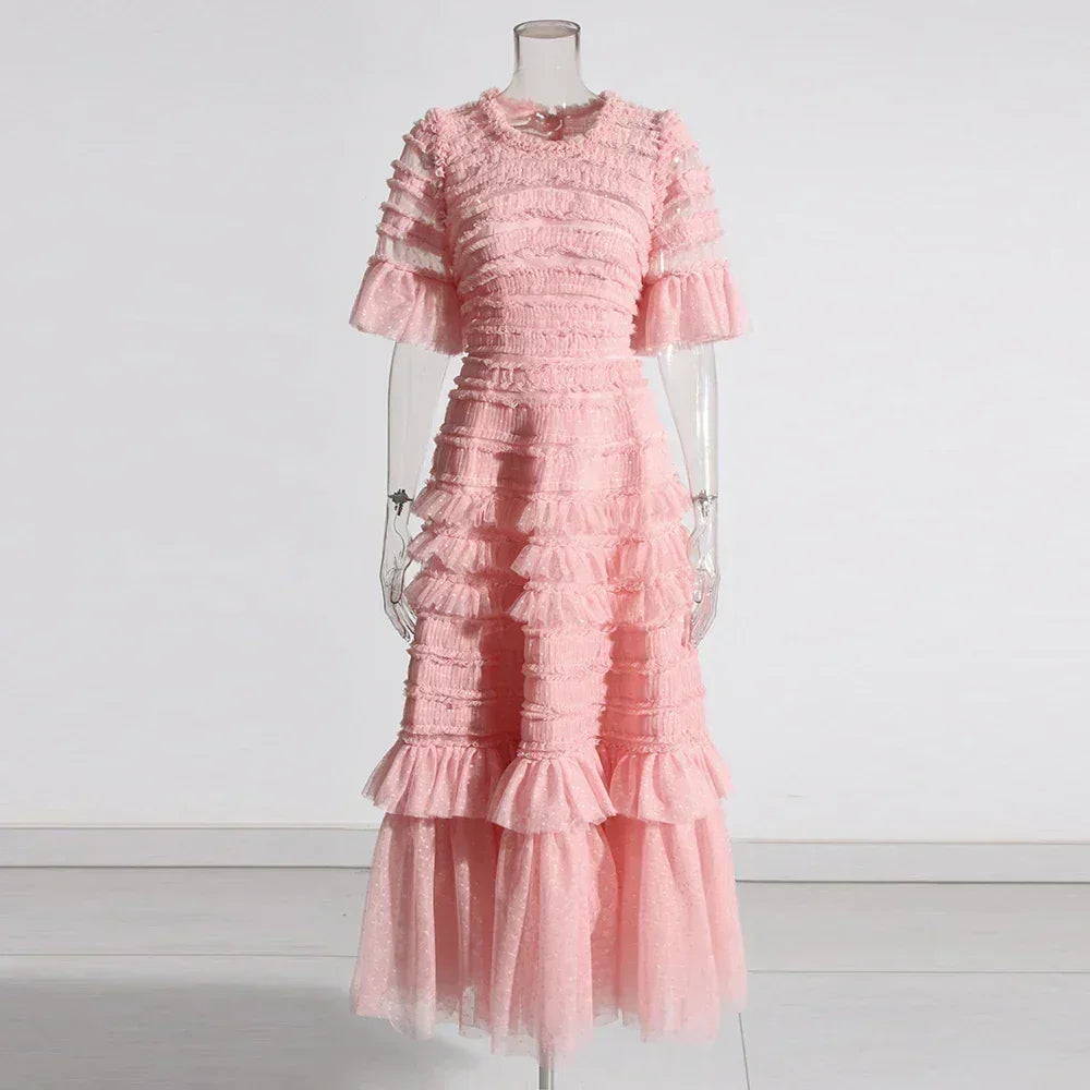 Patchwork Edible Tree Fungus Elegant Dresses For Women Round Neck Short Sleeve High Waist Temperament Dress Female Fashion