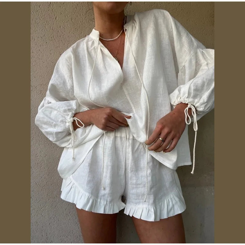 Women's Solid Cotton Linen Ruffle Shorts Suit V-neck Long Sleeve Drawstring Loose 2 Pieces Set