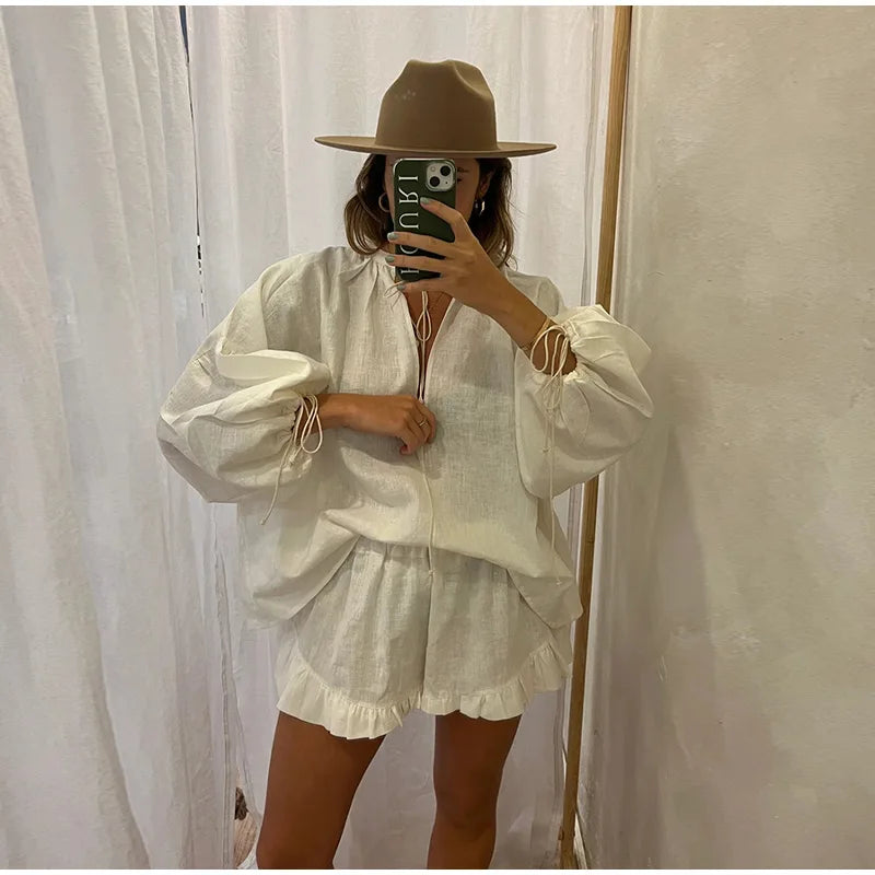 Women's Solid Cotton Linen Ruffle Shorts Suit V-neck Long Sleeve Drawstring Loose 2 Pieces Set
