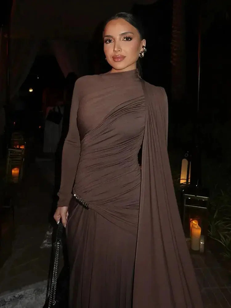 Patchwork Pleated Long Dress with Turtleneck