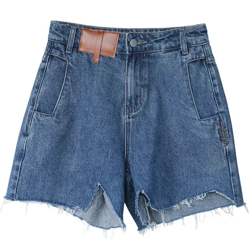 High-Waisted Retro Denim Shorts Irregular Cut Blue Jeans