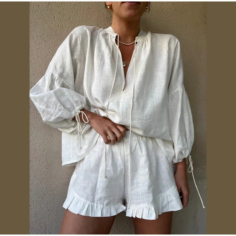 Women's Solid Cotton Linen Ruffle Shorts Suit V-neck Long Sleeve Drawstring Loose 2 Pieces Set