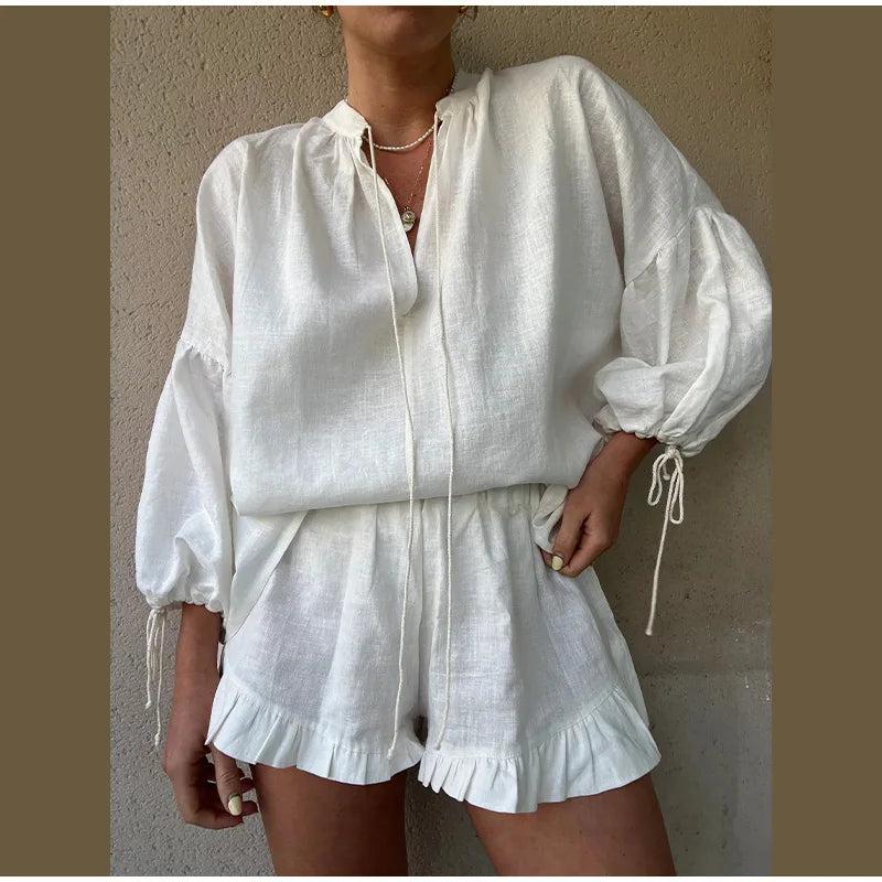 Women's Solid Cotton Linen Ruffle Shorts Suit V-neck Long Sleeve Drawstring Loose 2 Pieces Set