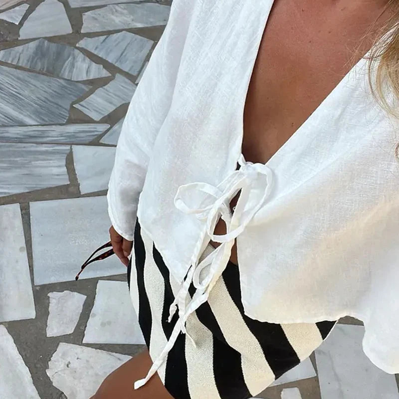 Cotton Linen Lace Up Bow Shirts Women Loose Hollow Out V Neck Long Sleeve Tops