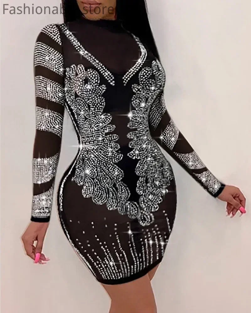 Women Sexy Solid Color Sheer Mesh Rhinestone Design Bodycon Nightclub Party Dress