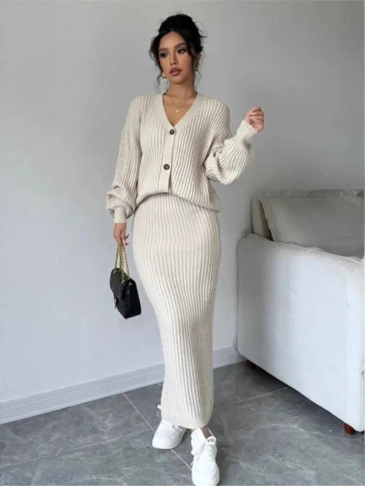 Knitted Cardigan Sweater & Skirt Two-Piece Suit