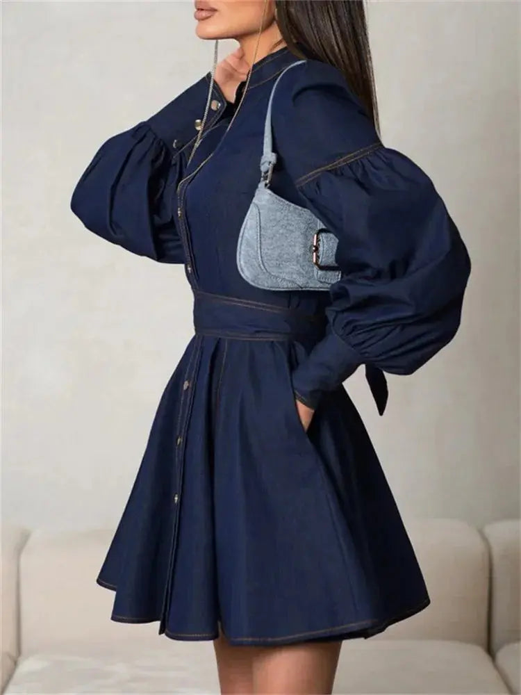 Lace-Up Patchwork Denim Mini Dress