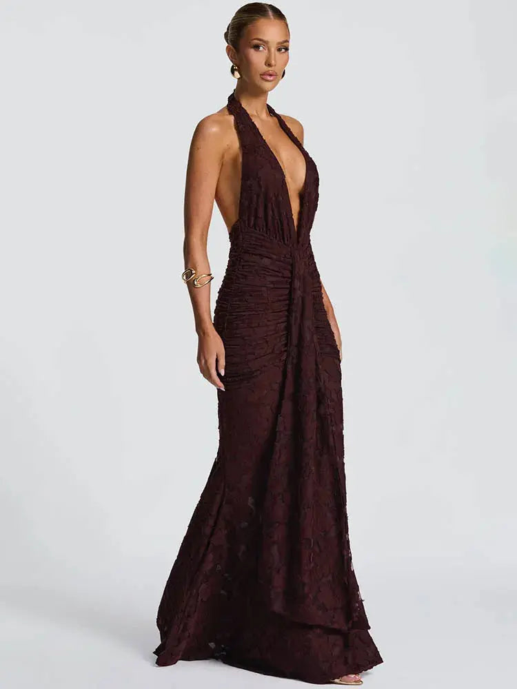 Women's  Deep V-Neck Backless Ruched Club Gown