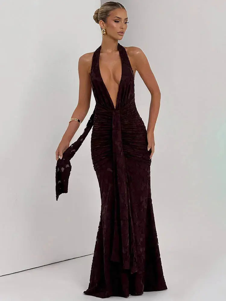 Women's  Deep V-Neck Backless Ruched Club Gown