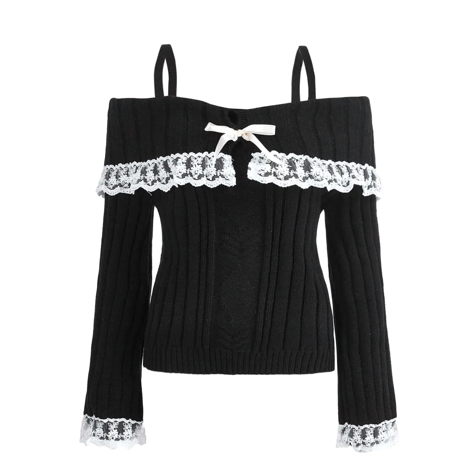 Women Long Sleeve Contrast Lace Knit Pullovers Autumn Winter Cold Shoulder Sweaters Bow Front Jumper Tops Beige/Pink