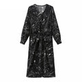 V-neck Long Sleeve Printed Dress Slim Waist Lace-up Split Midi Dress vestidos