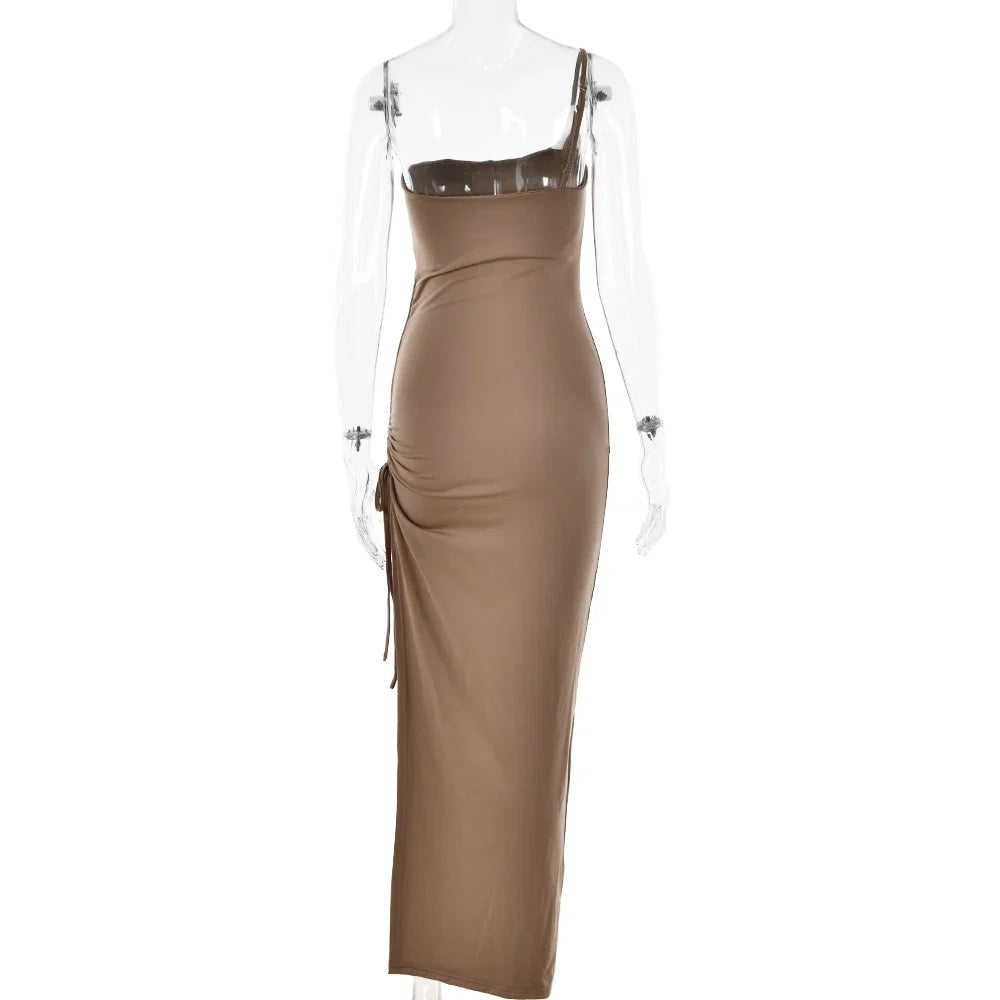 Drawstring High Slit Shoulder Slim Elastic Maxi Bodycon Dress