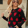 Mix Color Heart Knitted Jumper: Long Sleeve O-Neck Sweater for Women