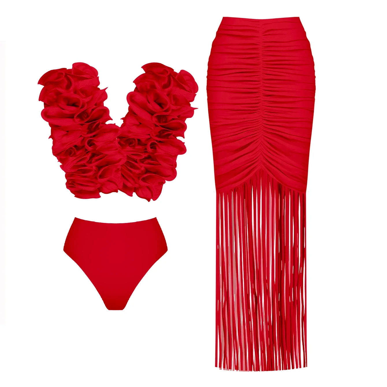2025 Solid Red Flower Bikini Swimsuit Luxury Women Swimwear Sexy Swim Suit Deep V Monokini Off Shoulder Bodysuit Bathingsuit