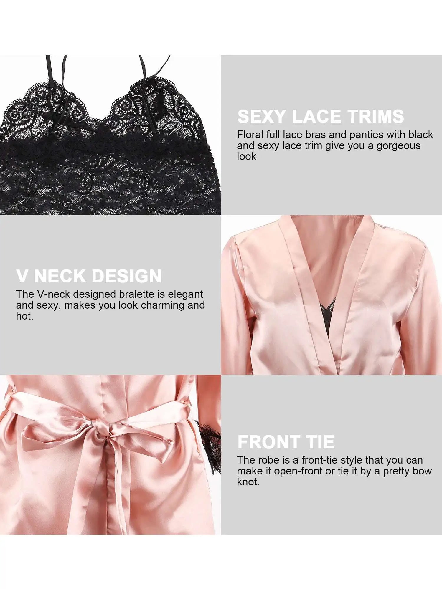 Women's Sexy Satin Lace Lingerie Set – Soft Pink Nightwear with Robe, Bralette, Shorts & Panty for Sweet Girly