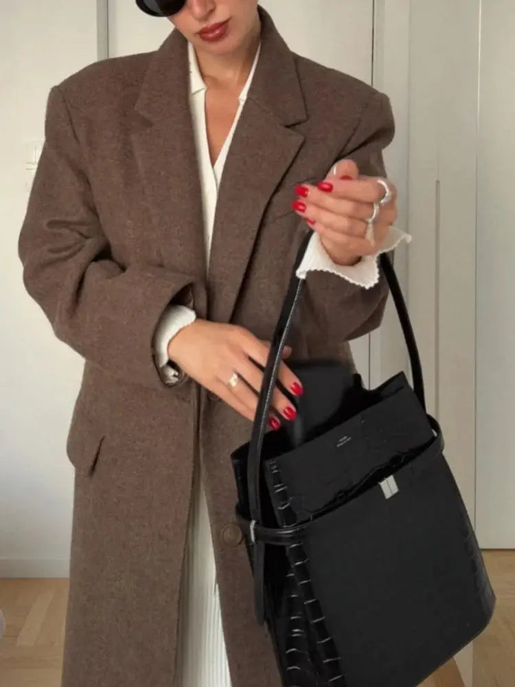 Chic Wool Long Coat with Shoulder Pads