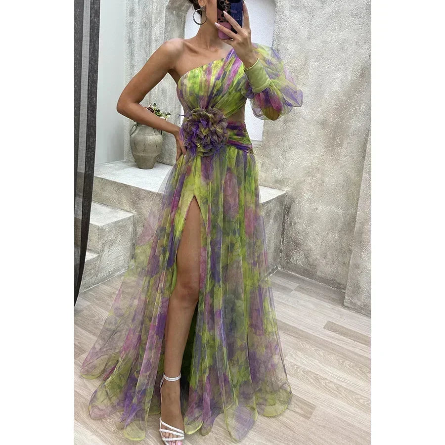 Elegant Oblique Shoulder Single-sleeve  Zipper High Slit Mesh Long Dress For Women Fashion Flower Decoration Party Dress Female