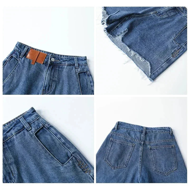 High-Waisted Retro Denim Shorts Irregular Cut Blue Jeans