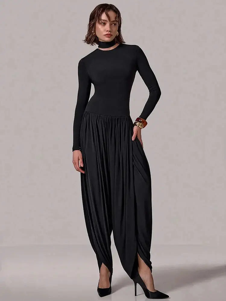 Slim-Fit Patchwork Jumpsuit with Draped Long Sleeves