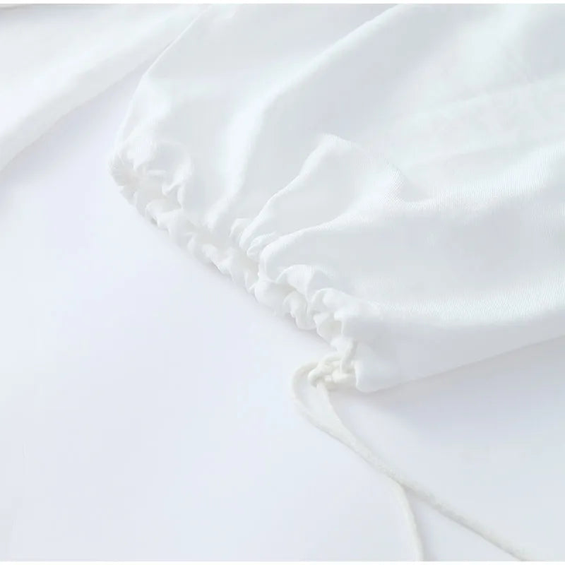 Women's Solid Cotton Linen Ruffle Shorts Suit V-neck Long Sleeve Drawstring Loose 2 Pieces Set