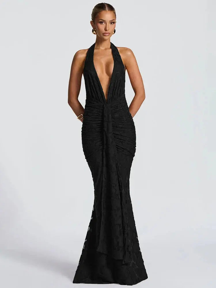 Women's  Deep V-Neck Backless Ruched Club Gown
