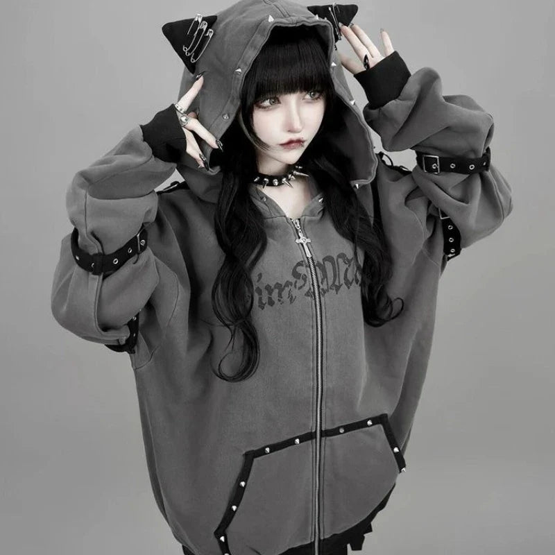 Streetwear Harajuku Hoodies Jackets Women's Clothing Hooded Punk Zipper Coat Japanese Rivet Print Fashion Casual Y2k Sweatshirts