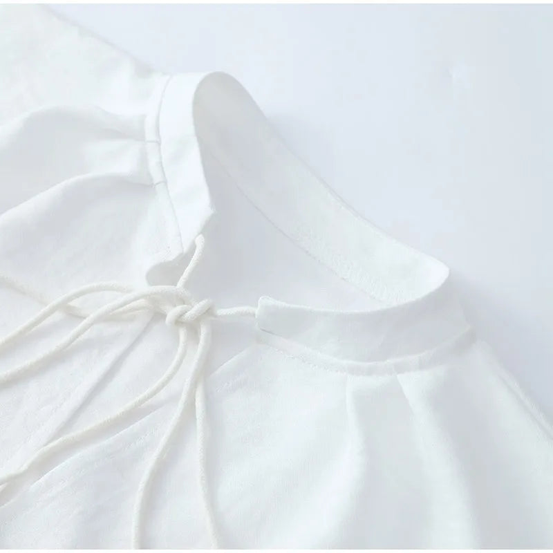 Women's Solid Cotton Linen Ruffle Shorts Suit V-neck Long Sleeve Drawstring Loose 2 Pieces Set
