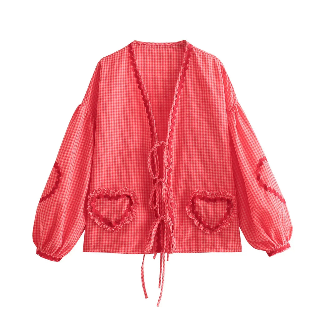 Heart Pockets Ladies V Neck Bow Buttons Blouses