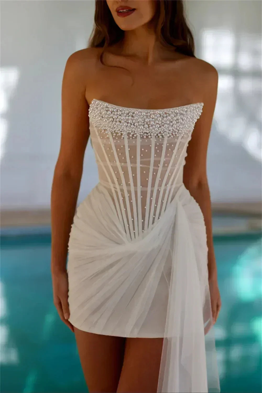 Kyoto Customized Ivory Strapless Pearls Pleated Mini Wedding Dress Asymmetrical Sleeveless vestidos de novia For After Party