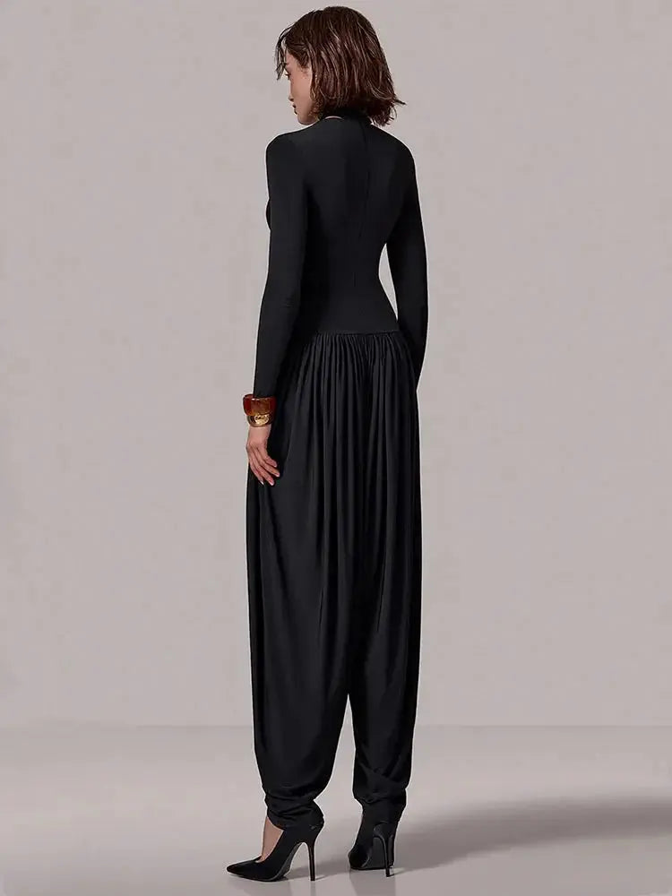 Slim-Fit Patchwork Jumpsuit with Draped Long Sleeves