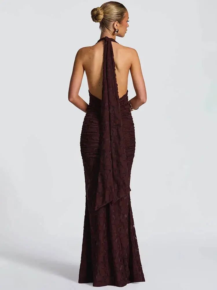 Women's  Deep V-Neck Backless Ruched Club Gown