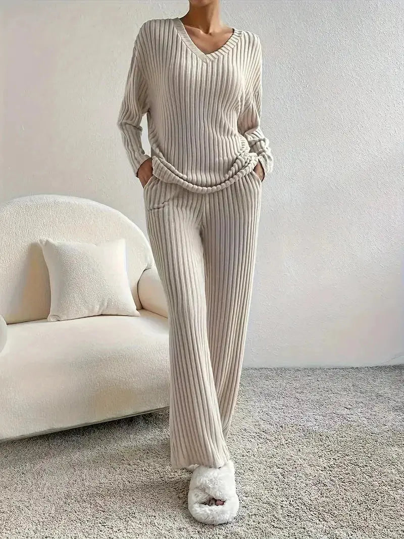 Women's Ribbed Knit Set - V-Neck Sweater & Pants