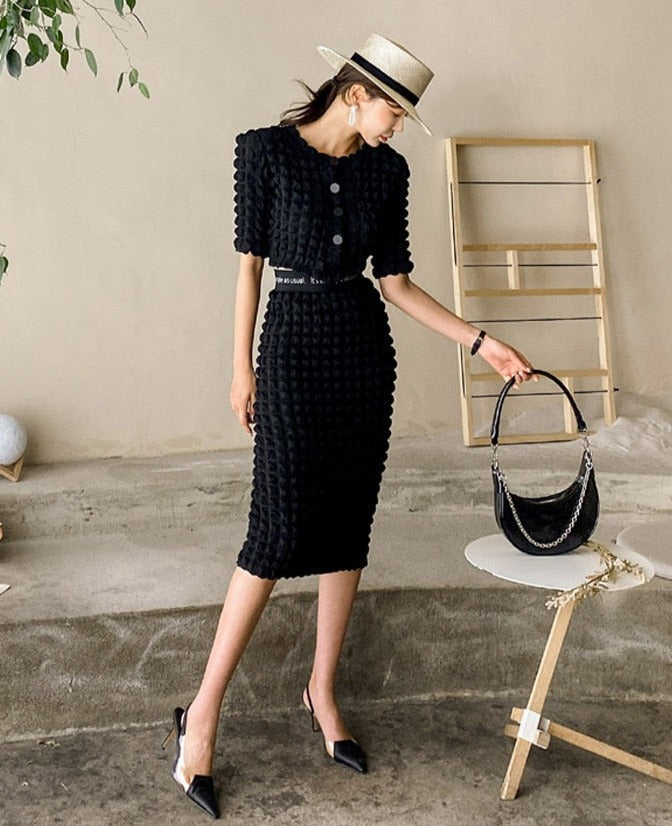 Summer Ladies 2 Pieces Skirt Set Short Sleeve Single-breasted Tops & High Waist
