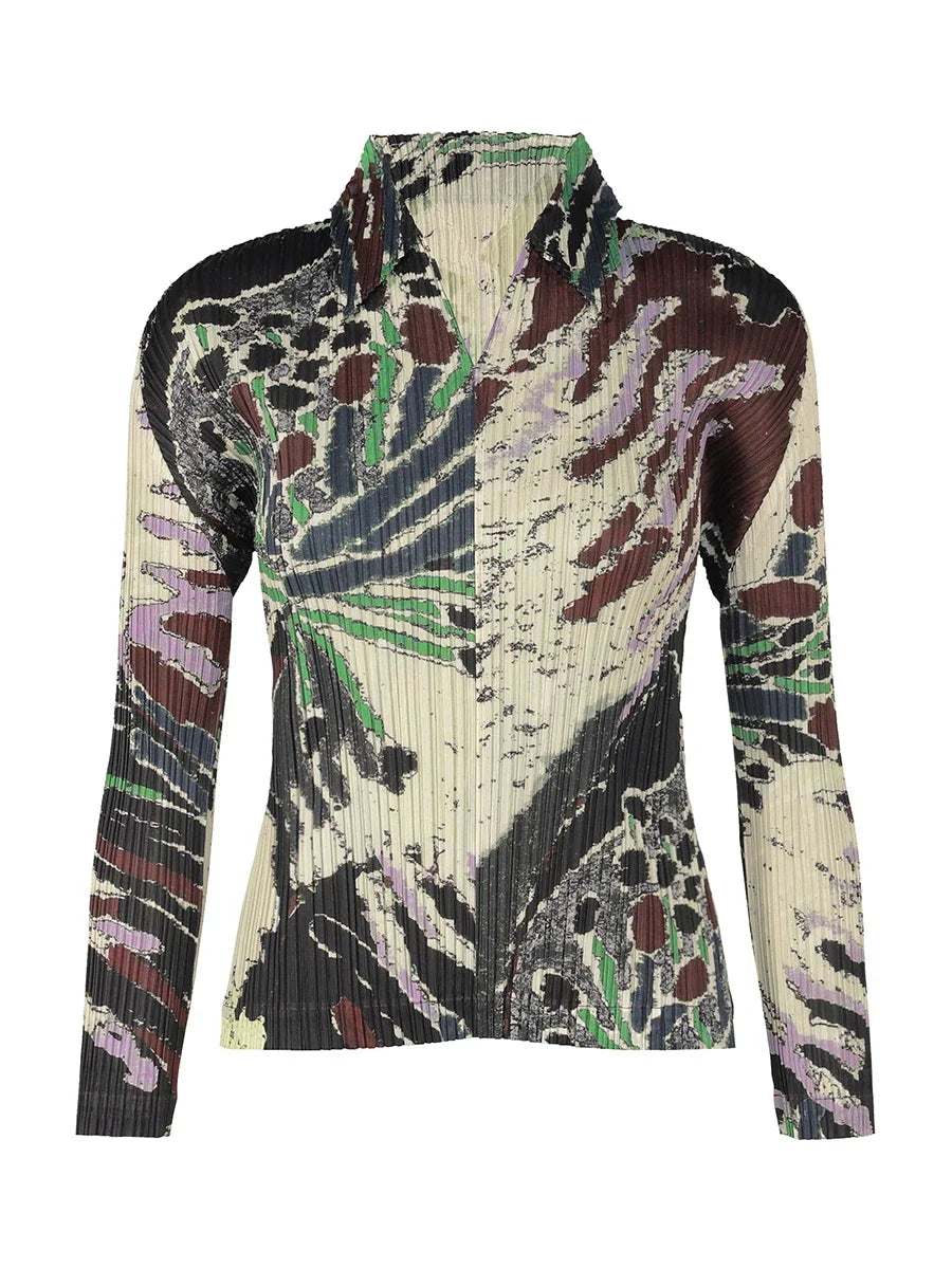 Women Pleated Print Long Sleeve Polo Shirt