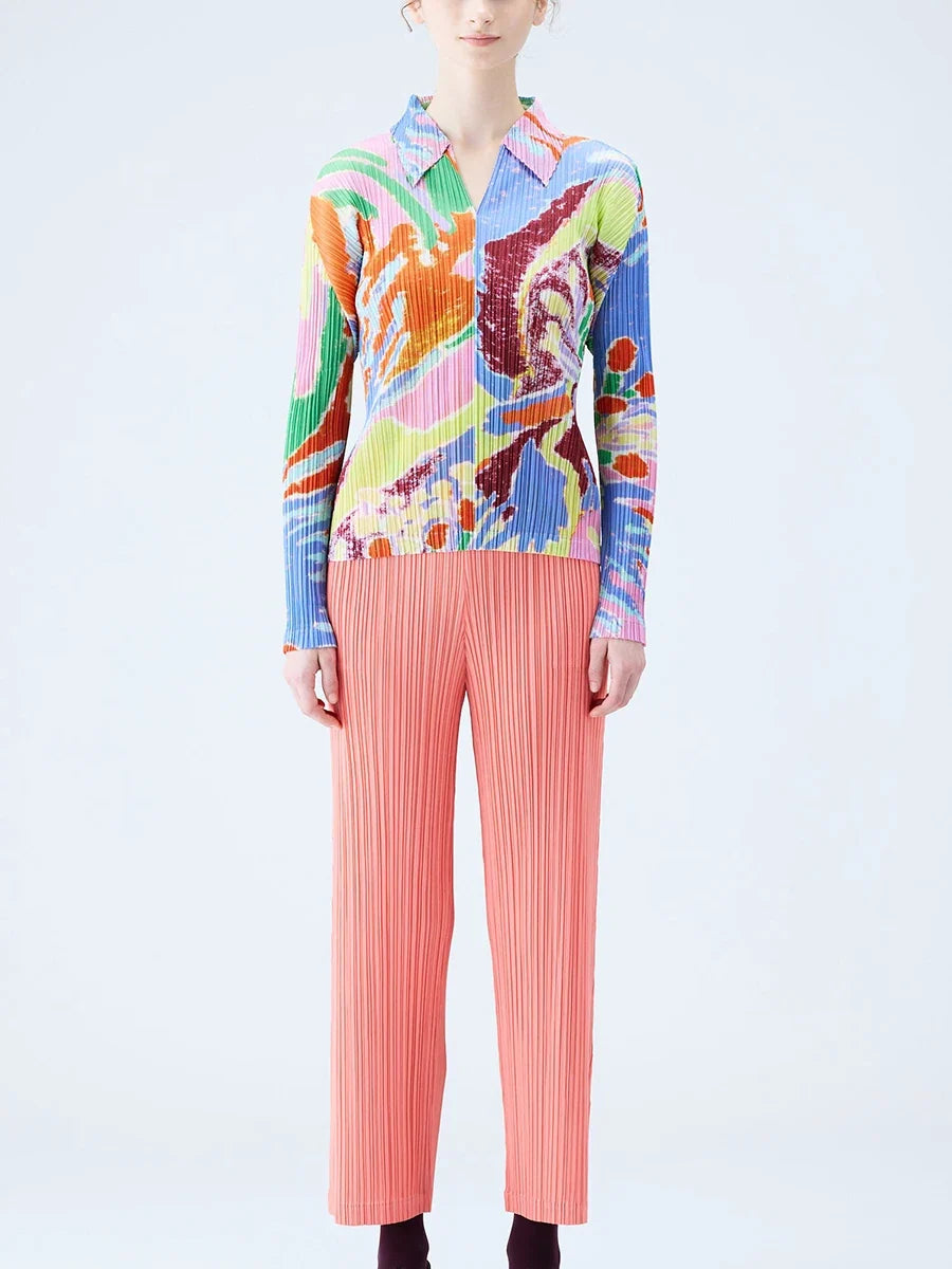 Women Pleated Print Long Sleeve Polo Shirt