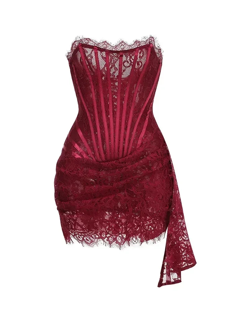 TARUXY Sexy Lace See-through Patchwork Corset Dress Female Bodycon Elegant Party MIrrgualr Mini Dress Women Tube Top Dress New