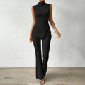 Chic Sleeveless Two-Piece Set: Stand Collar & Lettuce Hem