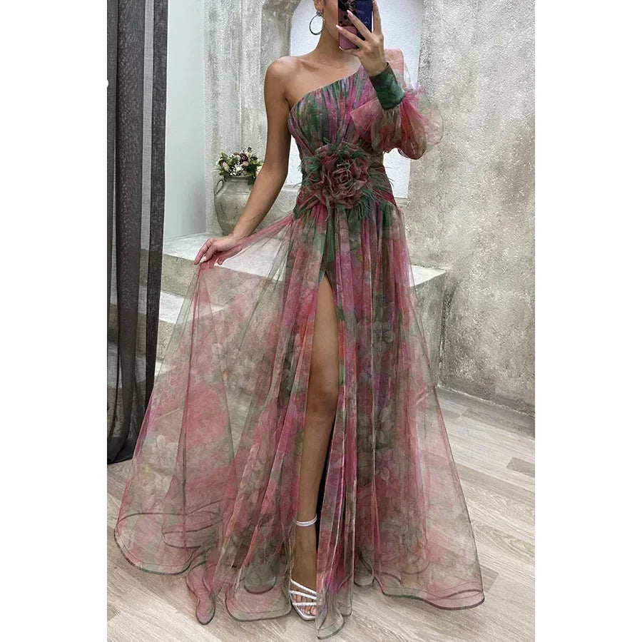 Elegant Oblique Shoulder Single-sleeve  Zipper High Slit Mesh Long Dress For Women Fashion Flower Decoration Party Dress Female