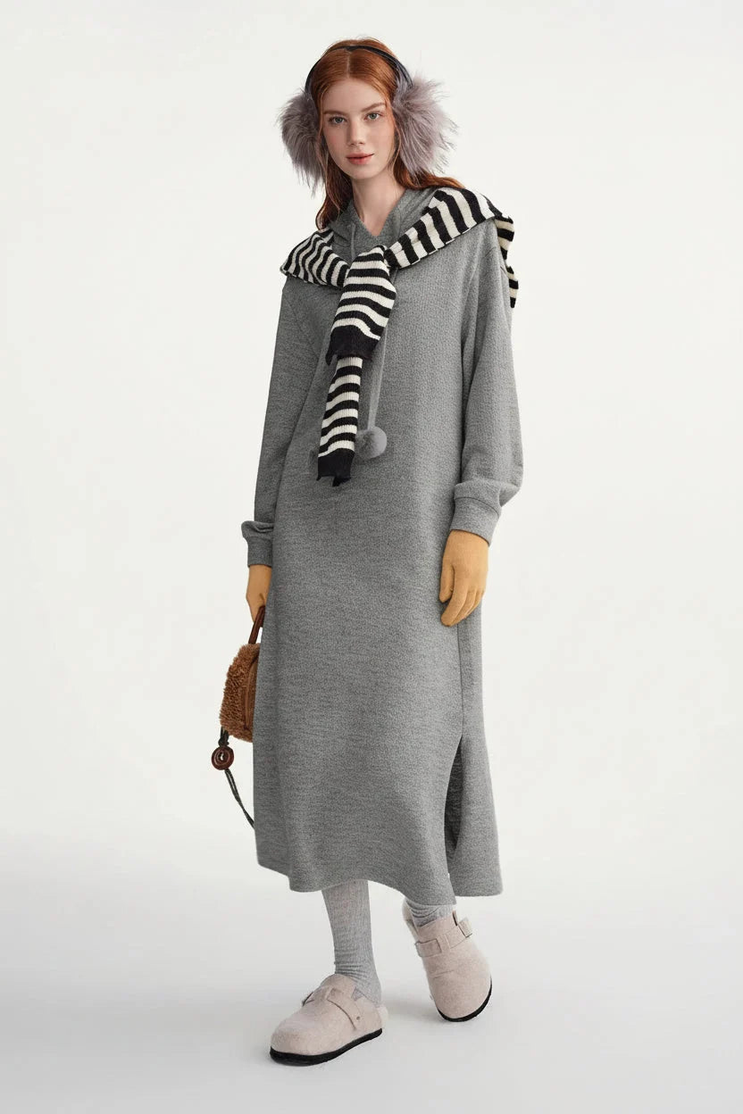 Hooded Knit Dress Drawstring Waist Winter Tunic