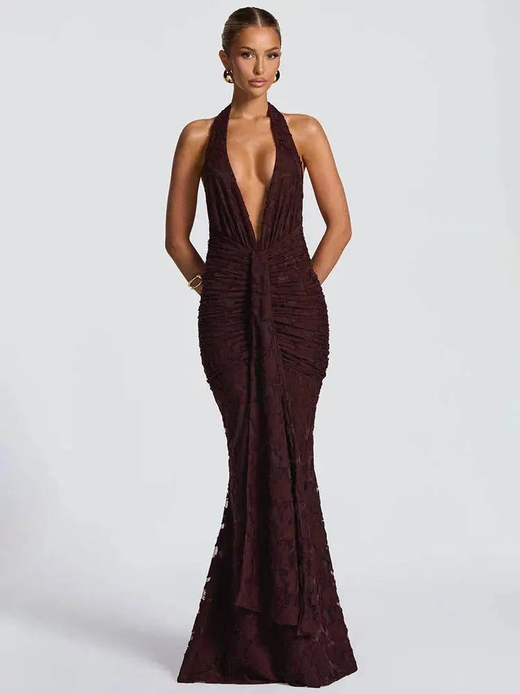 Women's  Deep V-Neck Backless Ruched Club Gown