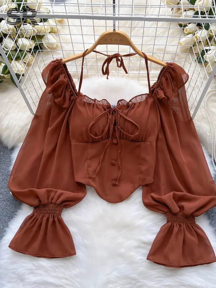 Halter Backless Blouse with Ruffle Flare Sleeves