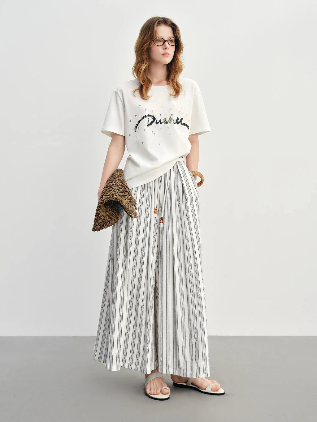 Cotton-Linen Wide Leg Pants Striped Resort Wear