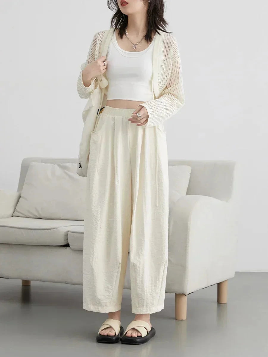 White Wide-Leg Pants High-Waisted Casual