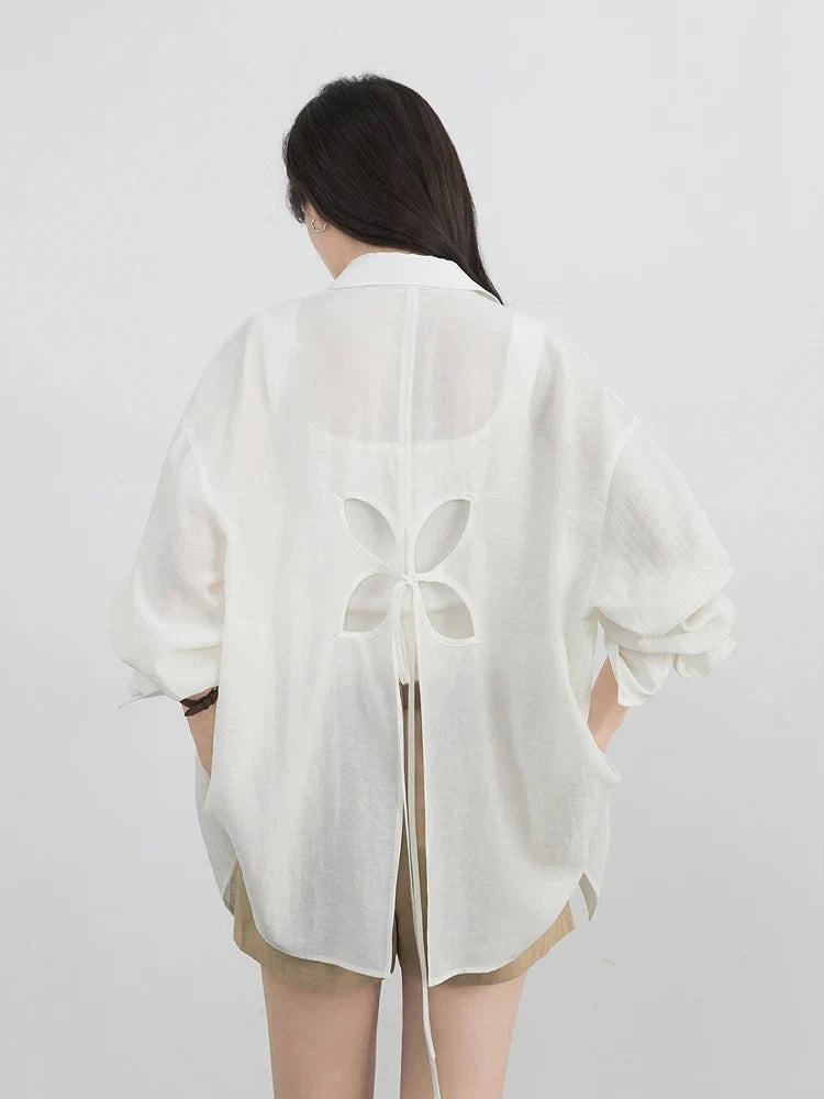 Back Hollow Out Long Sleeve Blouse Casual Loose Shirt