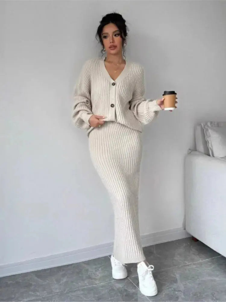Knitted Cardigan Sweater & Skirt Two-Piece Suit
