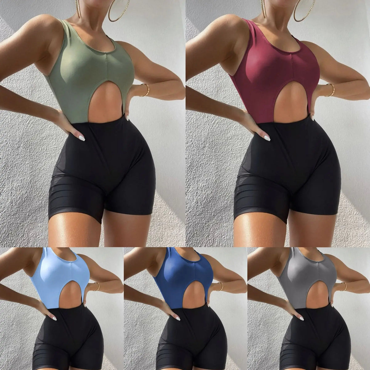 New Solid Color Matching Boxers Hollow One-piece Swimsuit Bikini